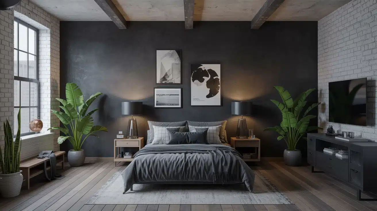 a modern industrial room with deep charcoal walls and raw materials like timber and concrete for a dramatic effect