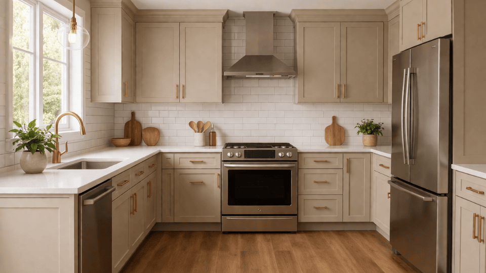 a modern kitchen with beige cabinets, white subway tile, brass handles, stainless steel appliances, and warm wood floors
