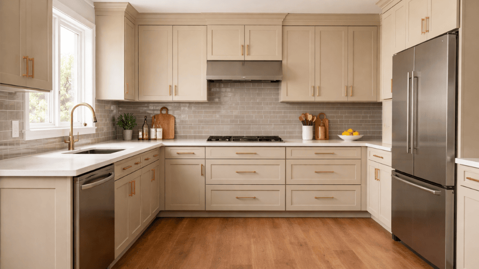 a modern l-shaped kitchen with Accessible Beige cabinets, warm gray backsplash, stainless steel appliances, and wood floors
