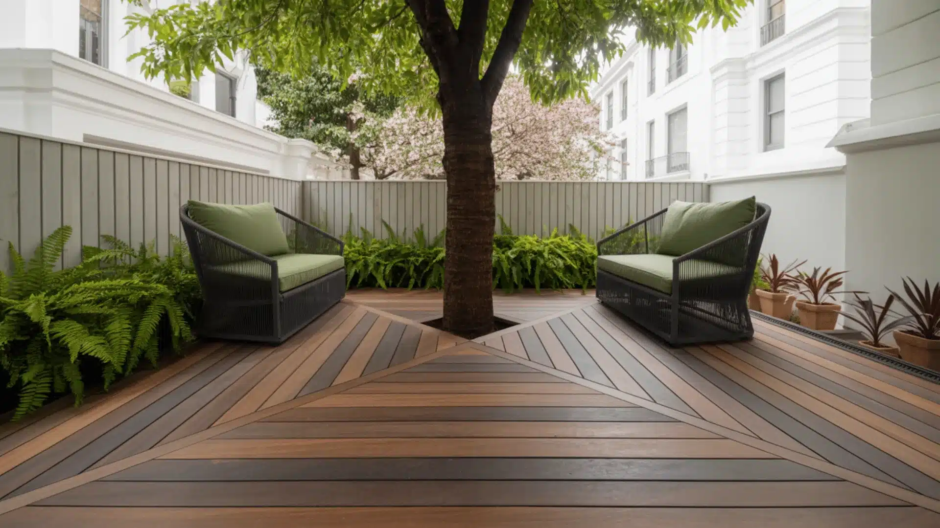 a modern outdoor patio space with a chevron-patterned wooden deck in warm brown tones.
