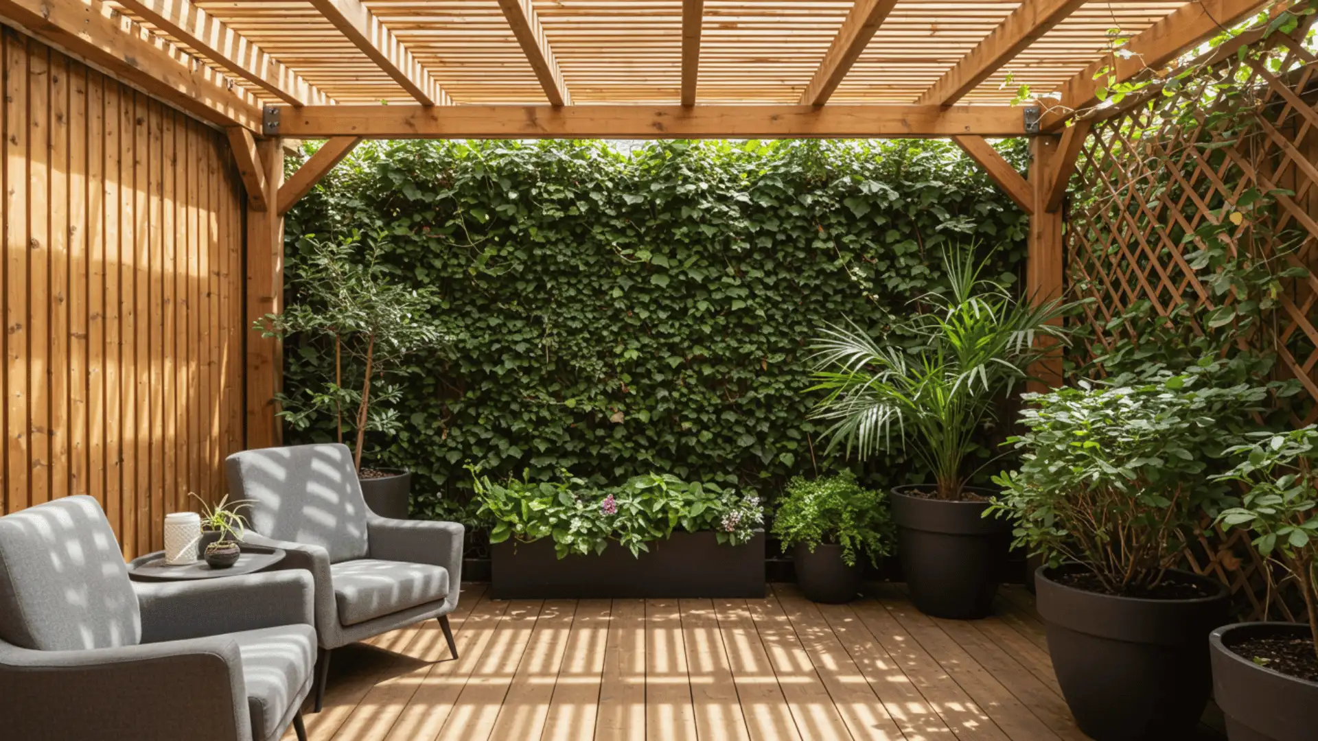 a outdoor deck for the gardeen with two sofa and number to flower pot abd number of plants in a bright sunny day