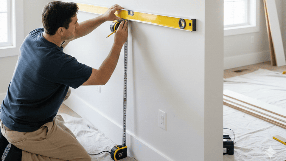 A person measuring and marking a wall with a tape measure and level, preparing for shiplap half wall installation