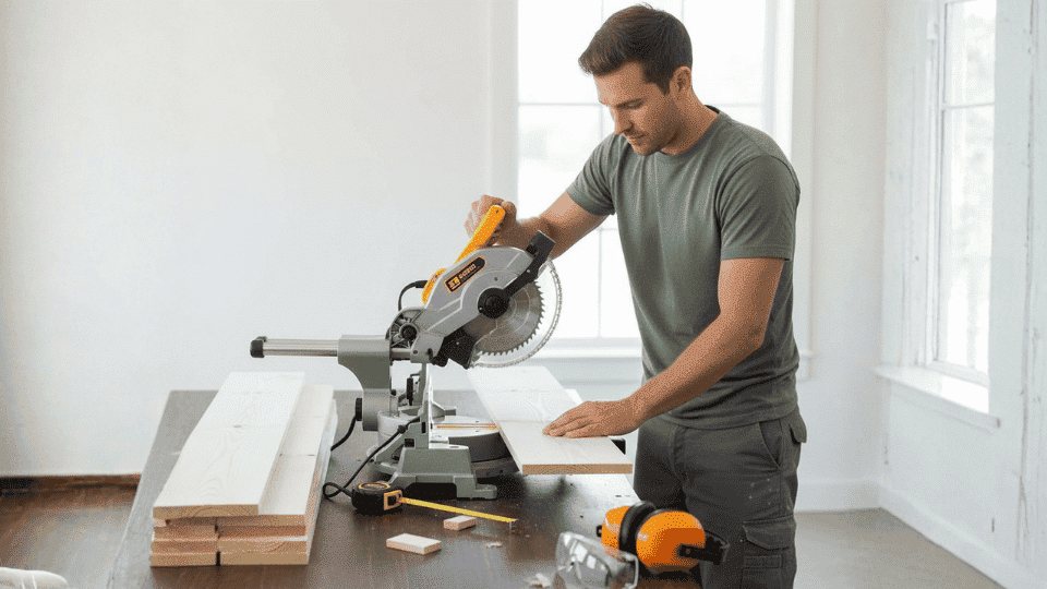 A person using a miter saw to cut shiplap boards, with measuring tape, safety goggles, and ear protection nearby
