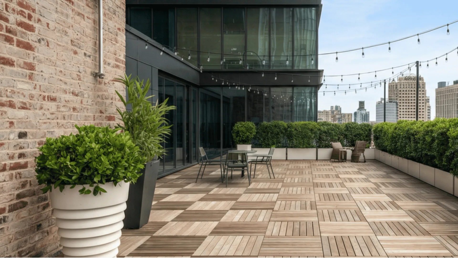 a rooftop terrace with wooden decking arranged in a geometric pattern of light brown interlocking tiles.