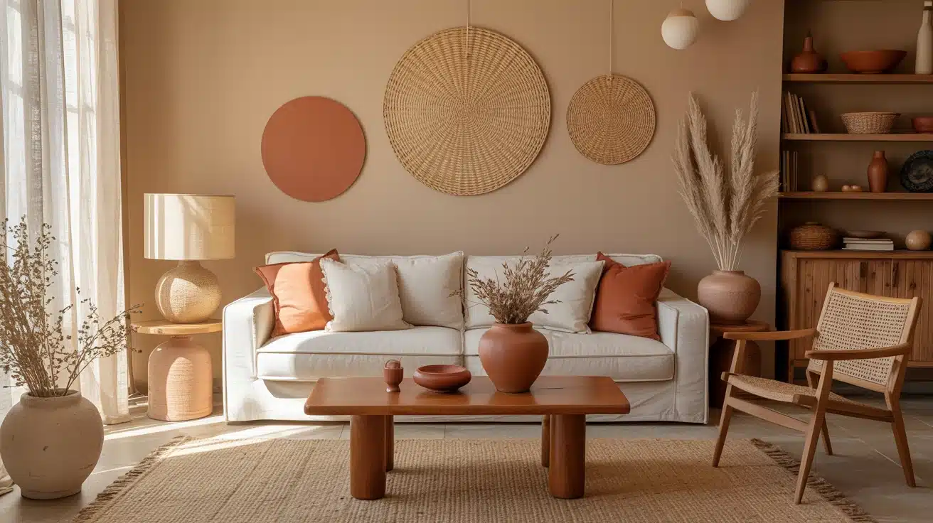 a soft beige living room with wooden furniture and terracotta accents, creating a cozy, inviting space