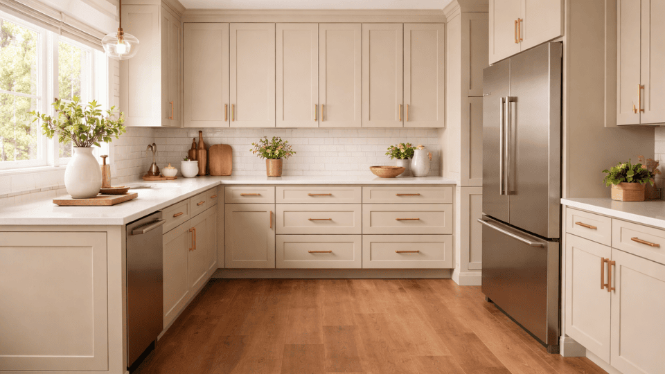 a spacious kitchen with accessible beige cabinets, brass handles, white countertops, and warm hardwood floors