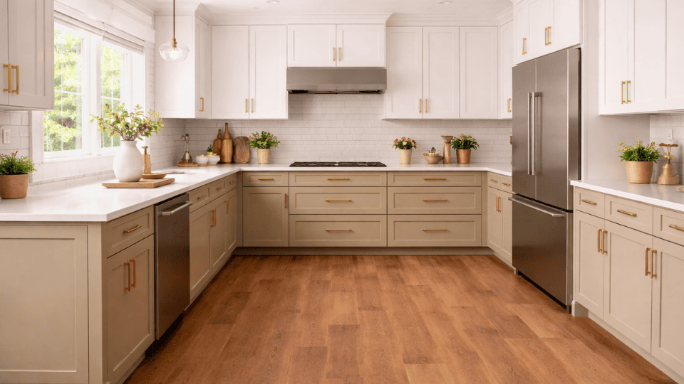 a spacious two-tone kitchen with white upper cabinets, accessible beige lower cabinets, and brass handles