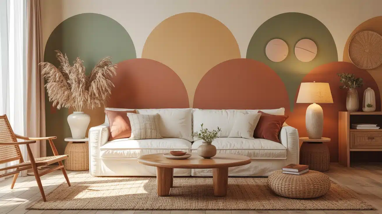 a warm living room with beige, terracotta, and sage green walls, natural wood furniture, and woven textures creating a cozy vibe