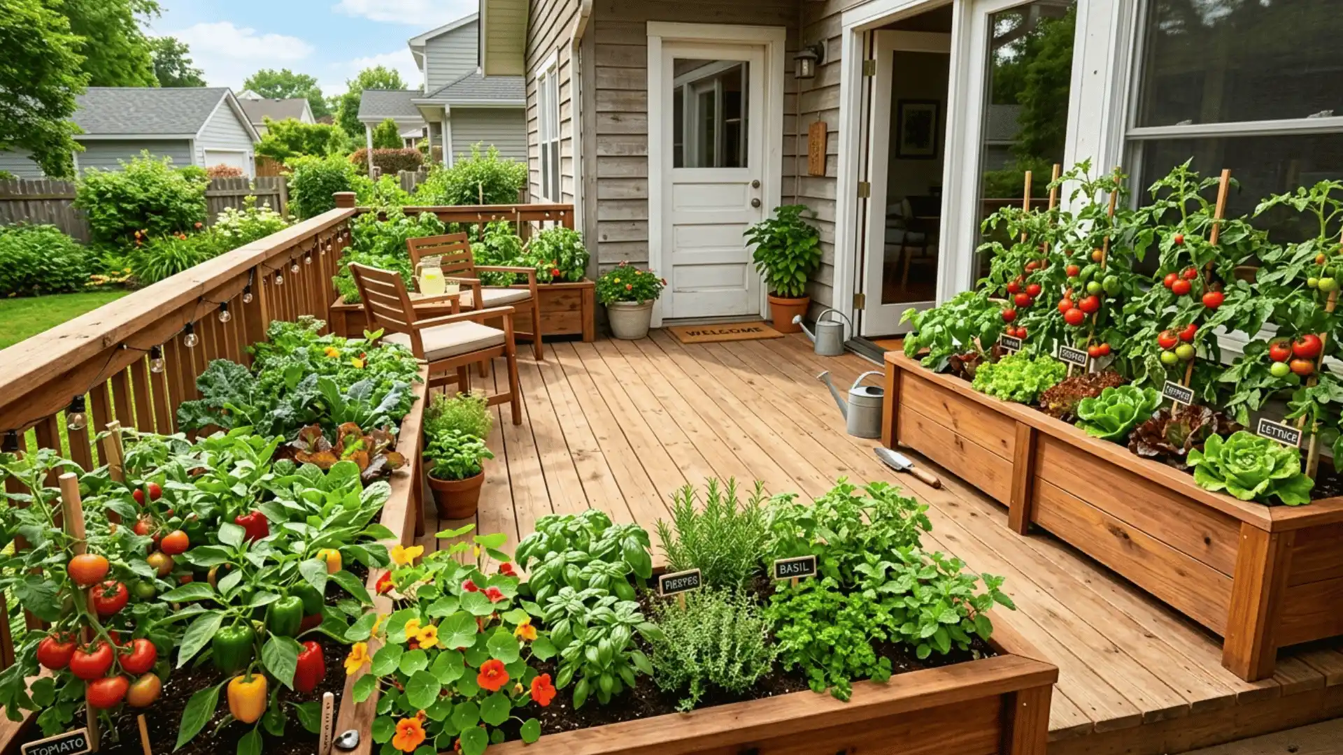 a well-maintained raised garden bed system against a light gray stucco wall with three wooden lattice trellises