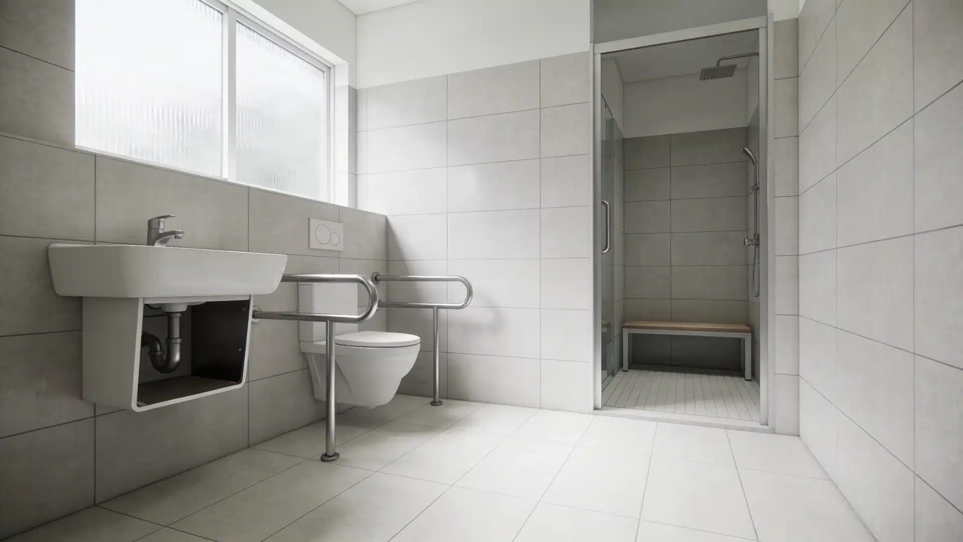 accessible bathroom with wall-mounted sink, toilet grab bars, wide entry shower with bench, tiled walls, and window