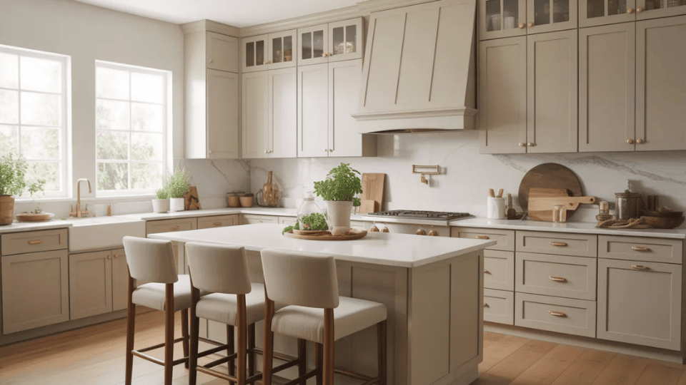 accessible Beige kitchen cabinets with marble backsplash, white island, brass hardware, bar stools, and bright natural light from large window
