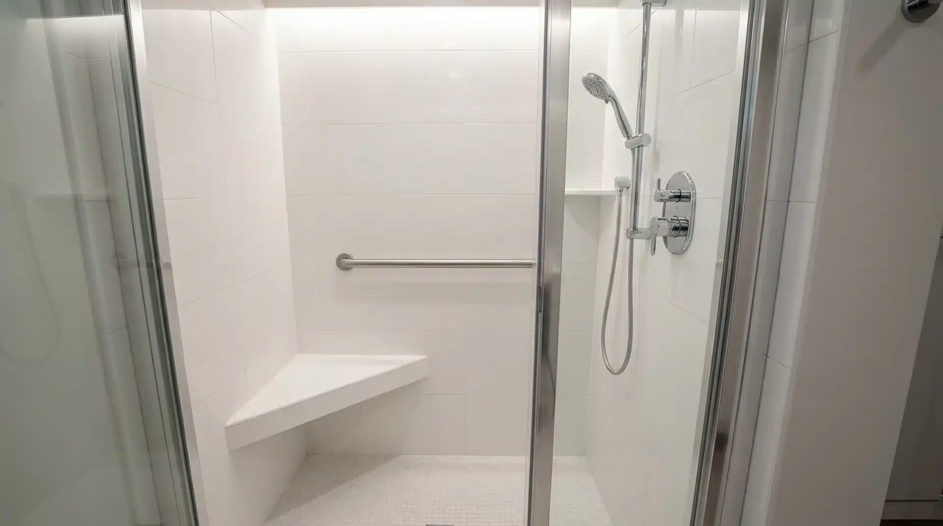 accessible walk-in shower with built-in corner bench, grab bar, handheld showerhead, and non-slip floor