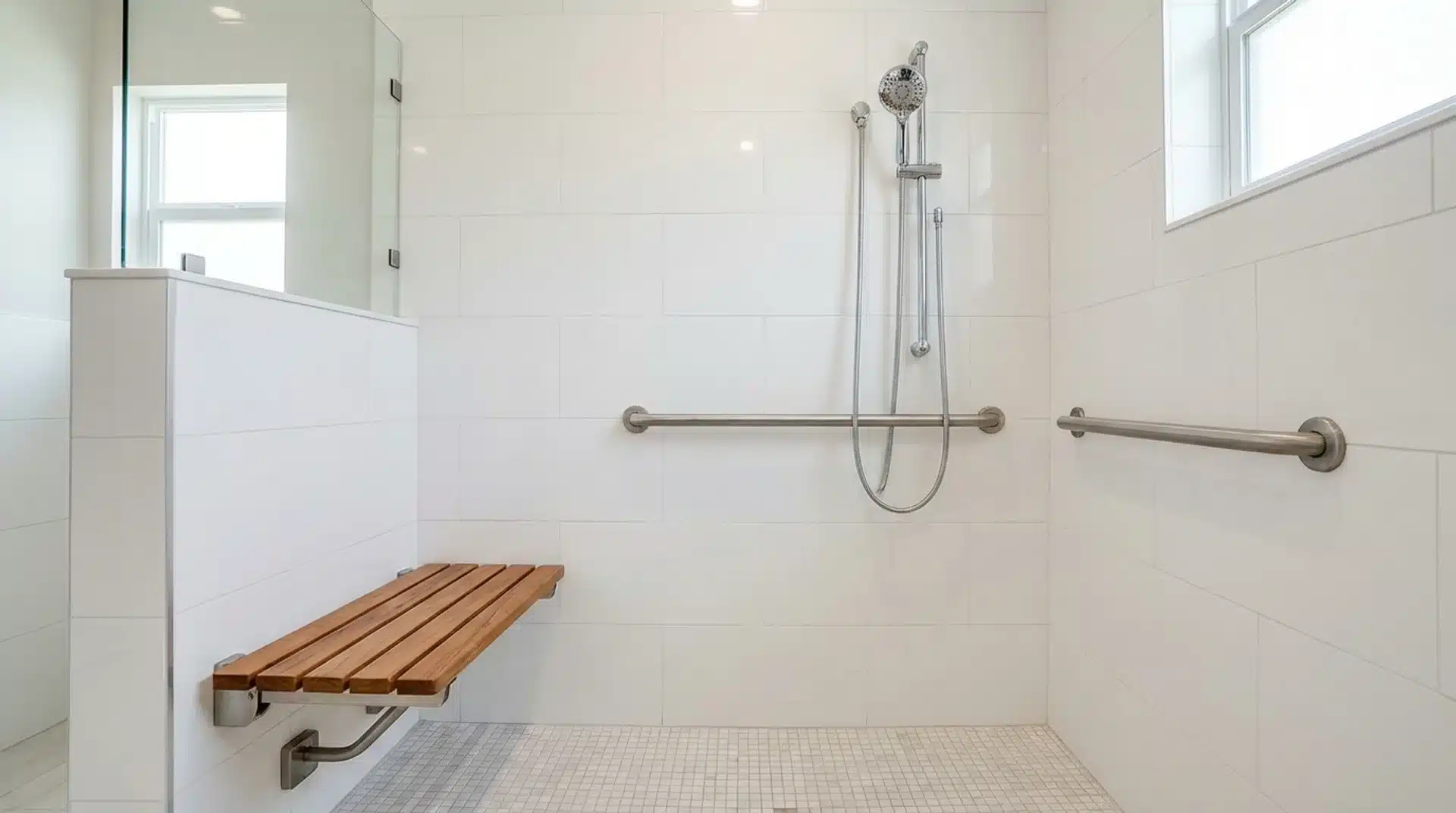 accessible walk-in shower with grab bars, handheld showerhead, non-slip tile floor, and fold-down wooden seat