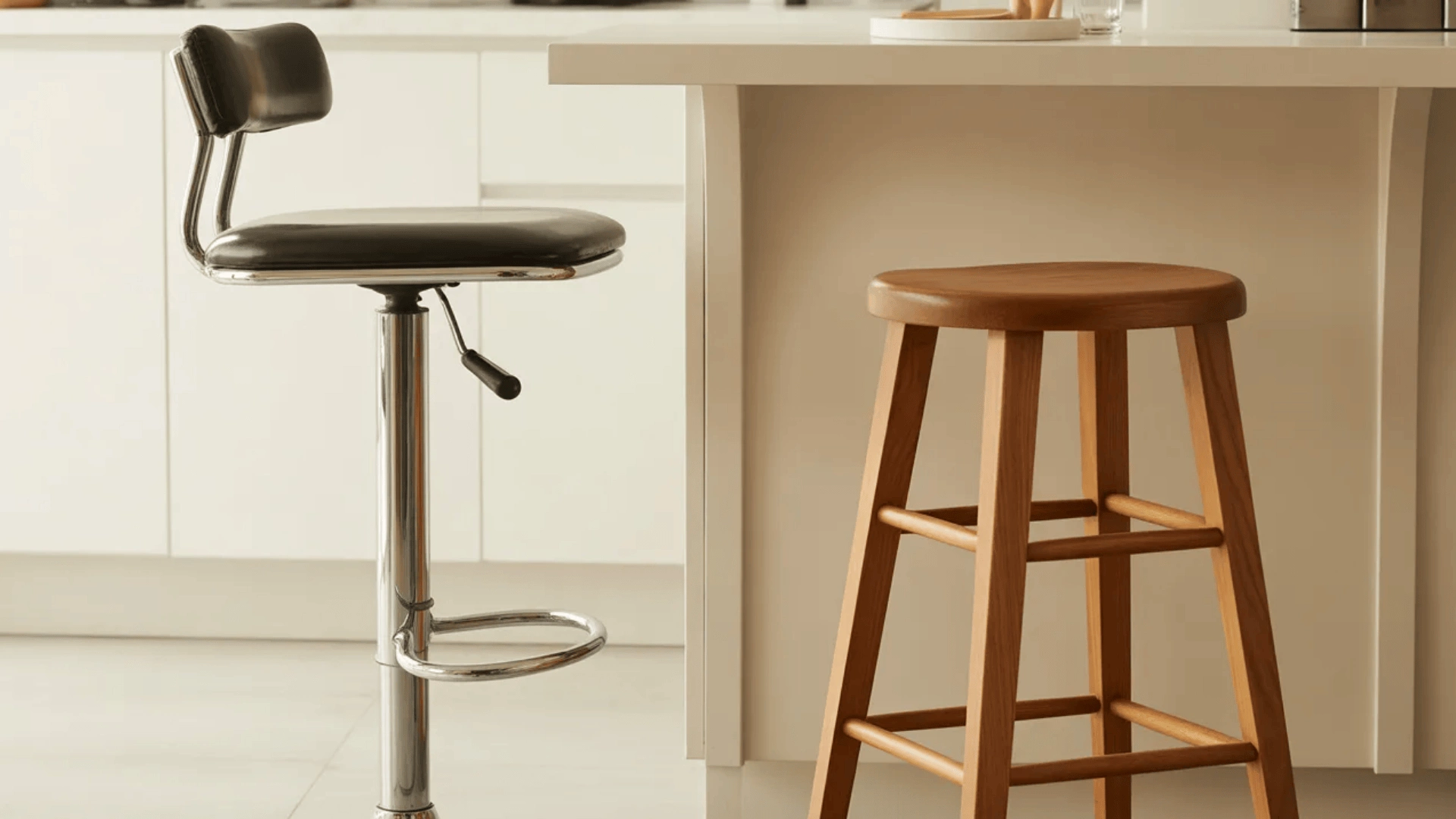 adjustable metal bar stool beside a fixed wooden bar stool shown near a modern kitchen island for height comparison