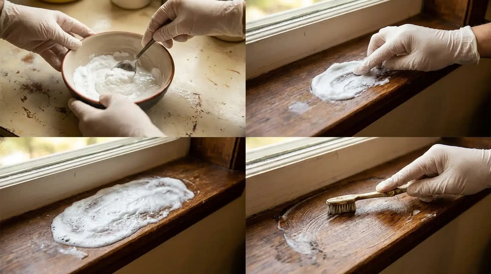 applying baking soda paste to mold on wooden window sill, letting it sit, then scrubbing surface clean with a brush