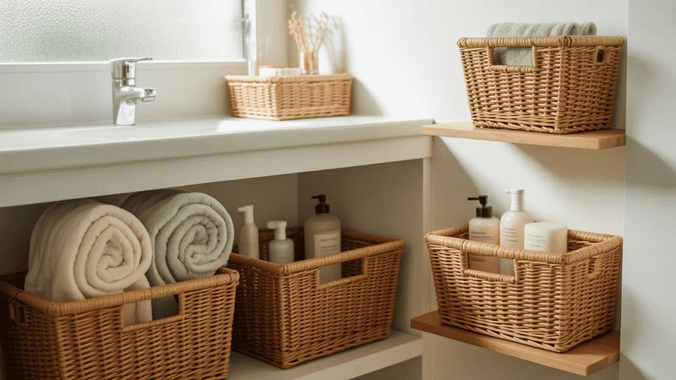 baskets used for bathroom storage keeping space neat