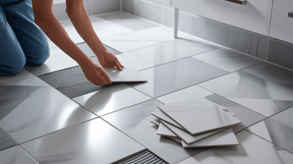 bathroom floor with peel and stick tiles in simple modern design
