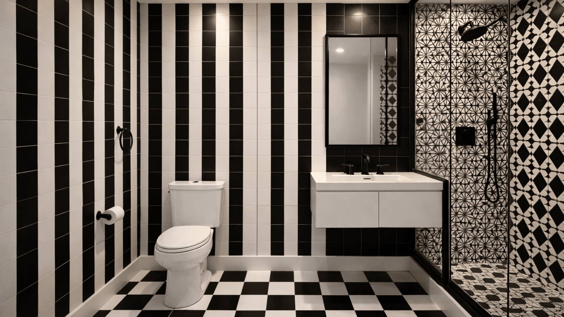 bathroom with black and white striped wall, checkerboard floor and geometric tile shower enclosure