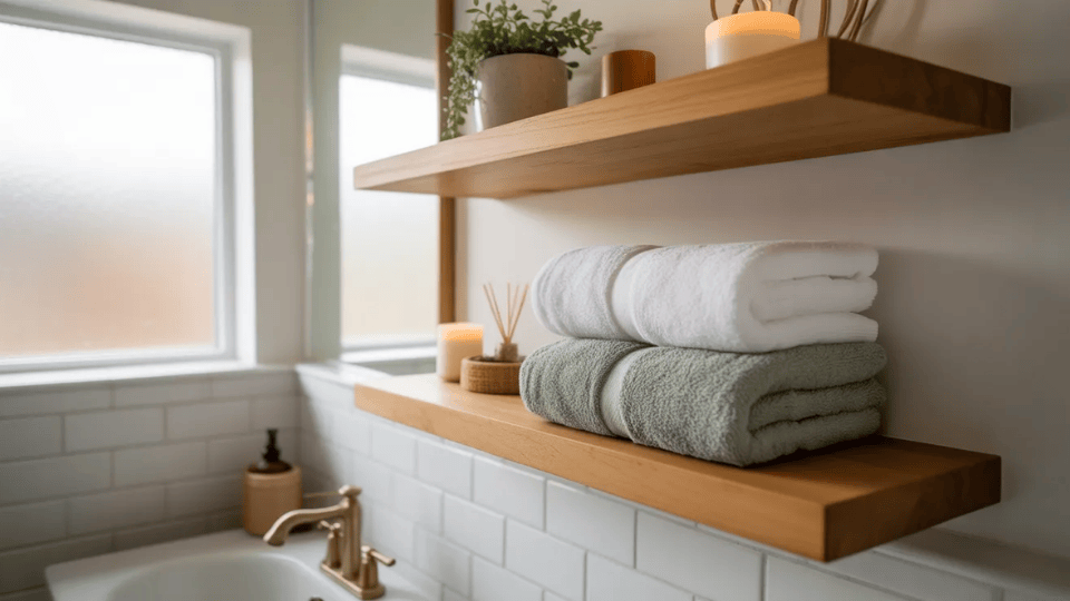 bathroom with floating shelves for storage and decor