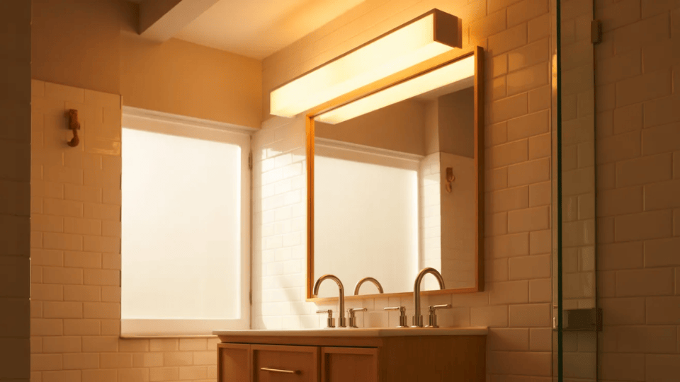 bathroom with improved lighting creating warm and bright space