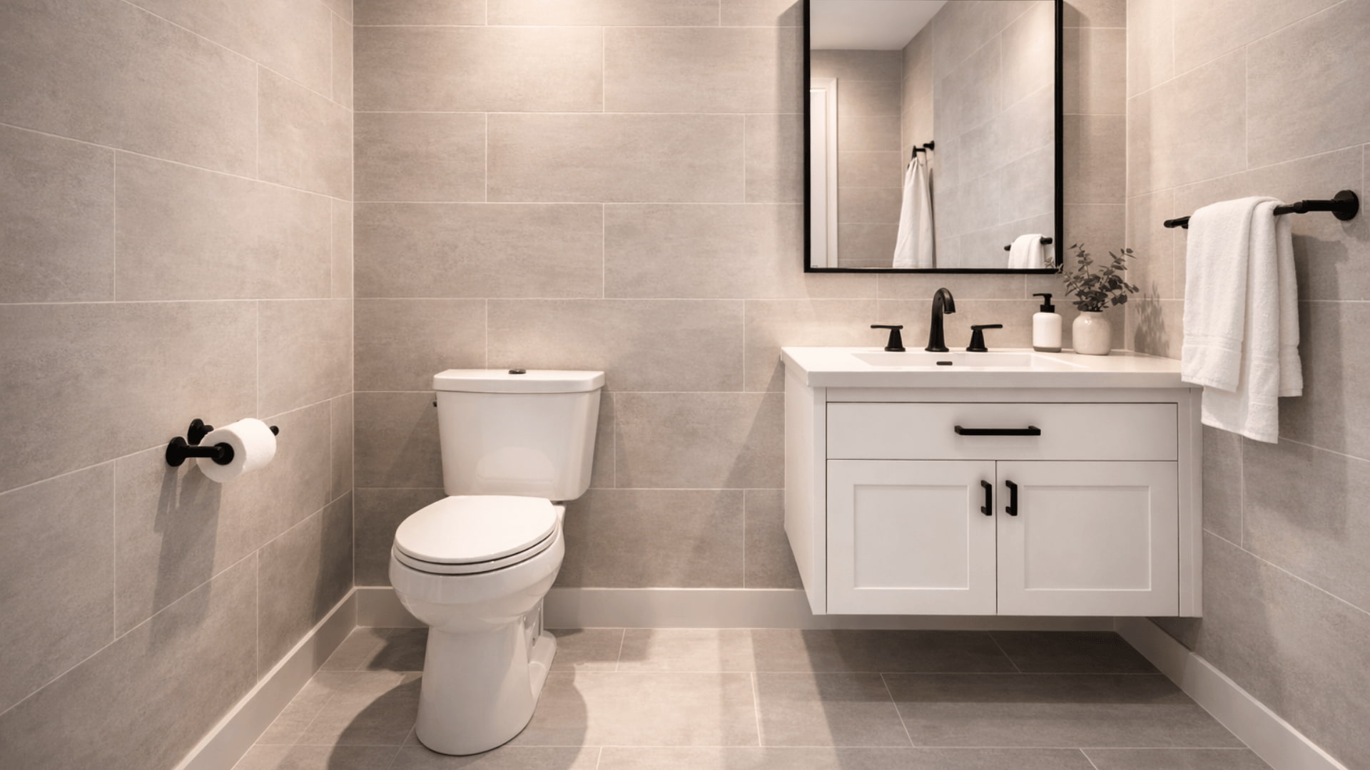 bathroom with light grey staggered tiles, white vanity and matte black faucet and accessories