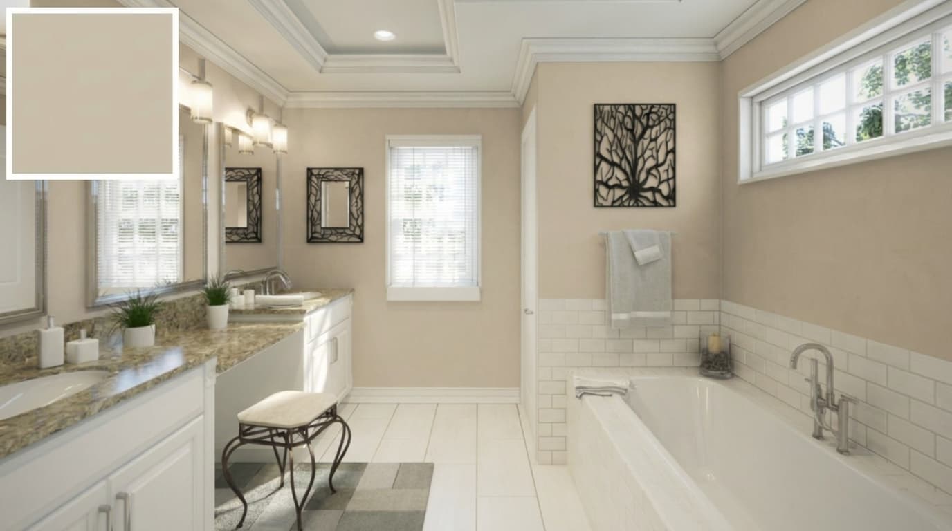 bathroom with sand beige walls white vanity tub and soft lighting creating a warm and clean space