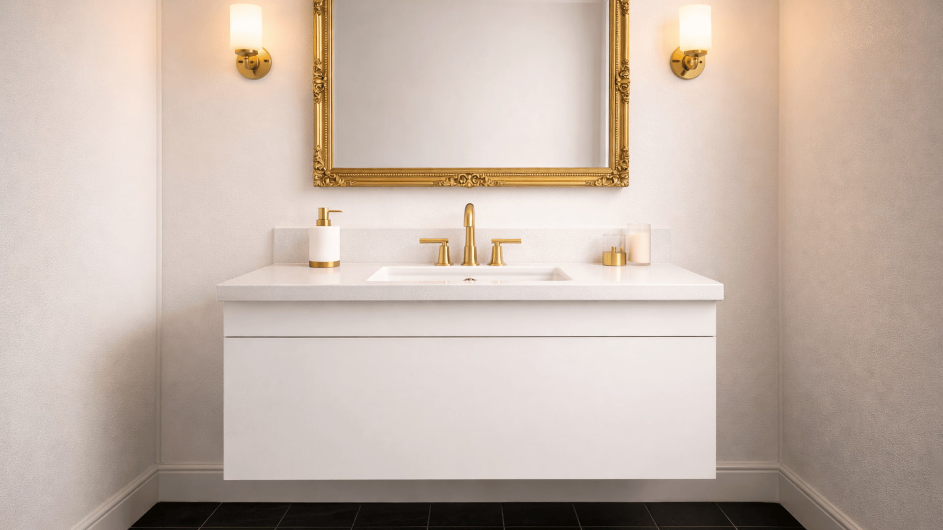 bathroom with white floating vanity, black floor tiles, gold framed mirror and brushed gold faucet