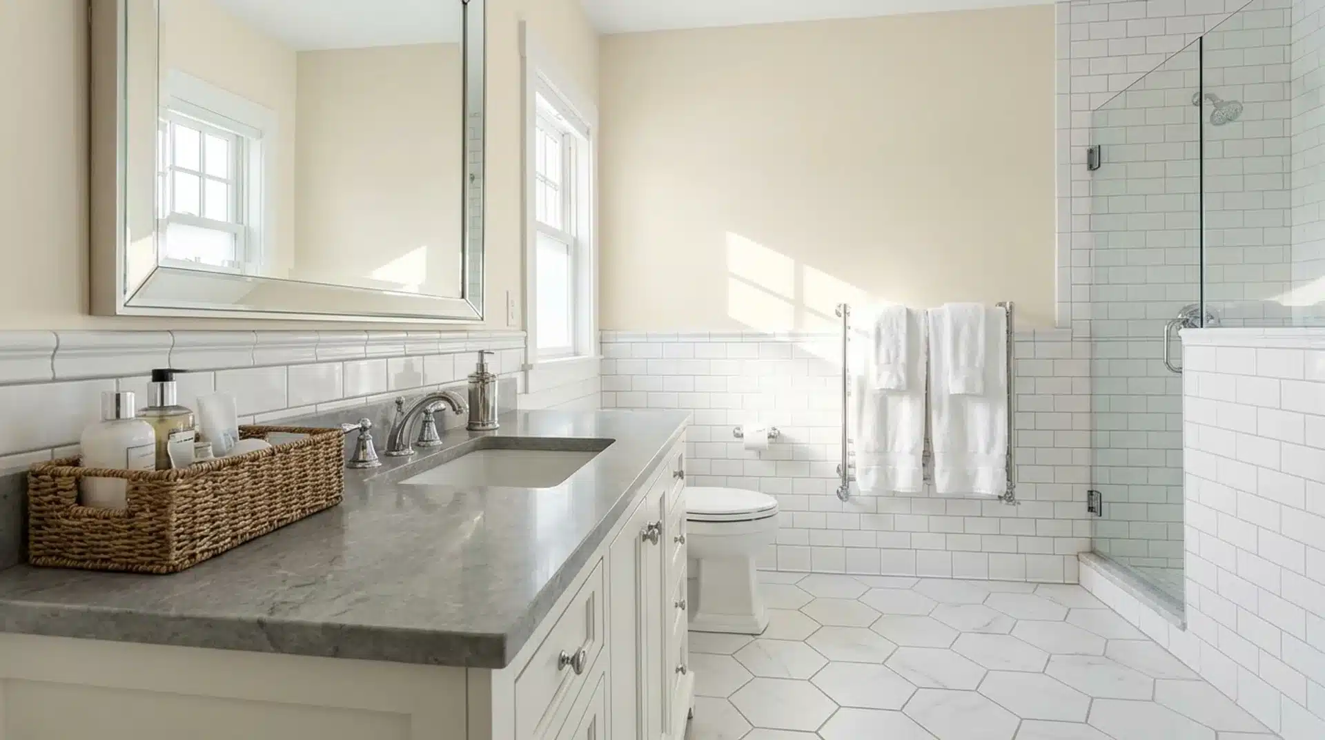 bathroom with white subway tile, hex floor, glass shower, gray countertop, large mirror, soft beige walls, and a window