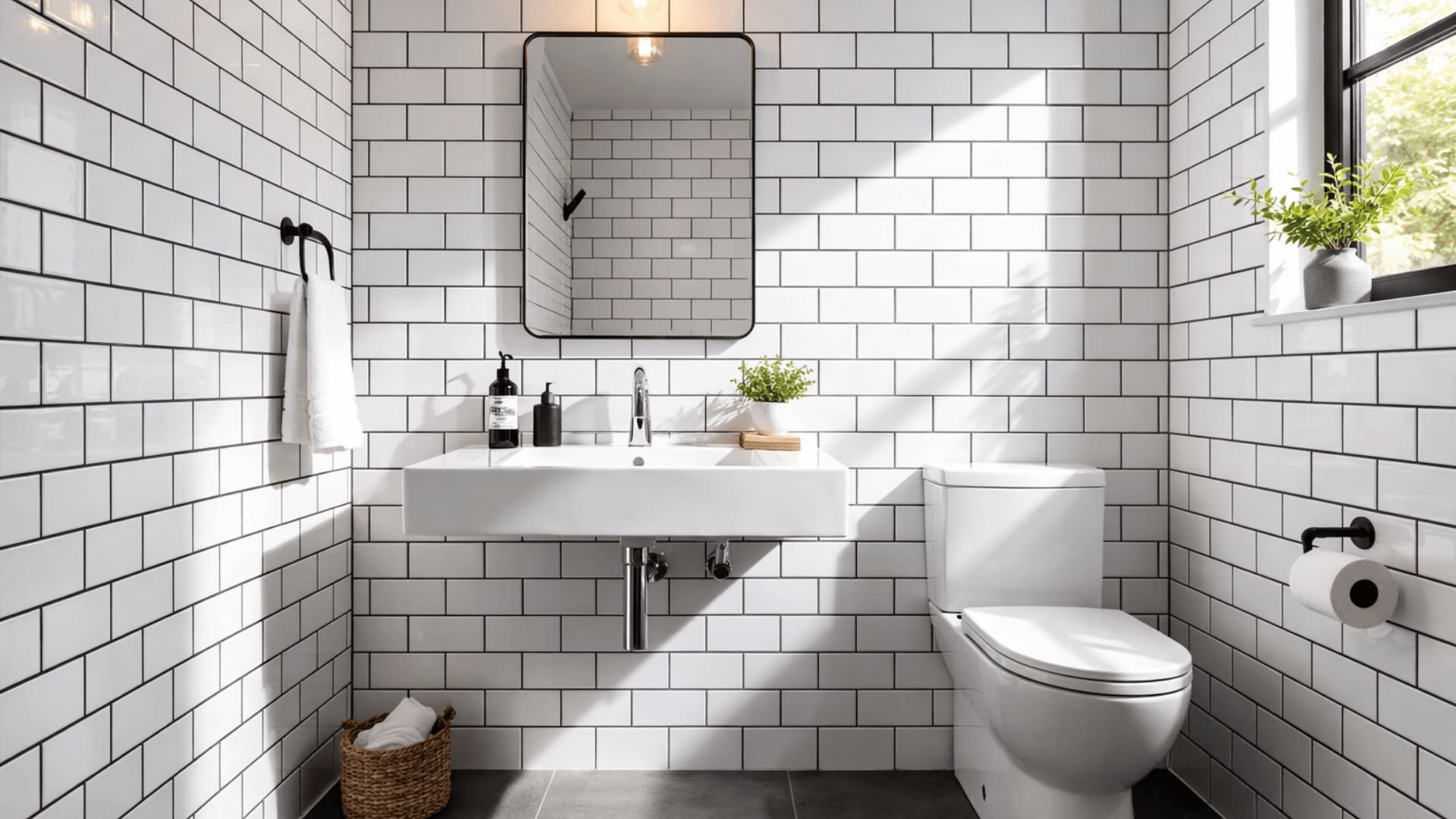 bathroom with white subway tile walls, black grout grid, white sink, chrome faucet, and toilet in natural light
