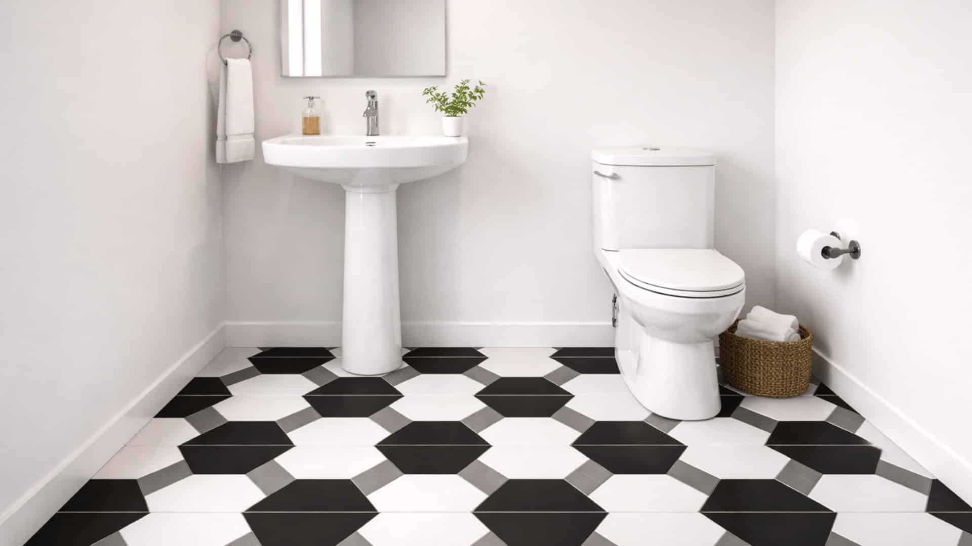 bathroom with white subway tile walls, black grout grid, white sink, chrome faucet, and toilet in natural light (1)