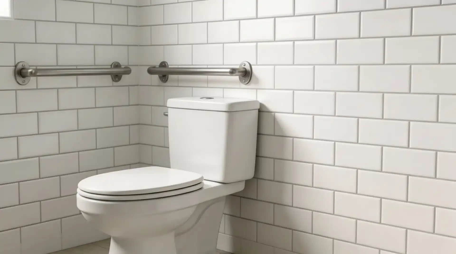 bathroom with white toilet, tile wall, and steel grab bars installed around toilet for support and safety assistance