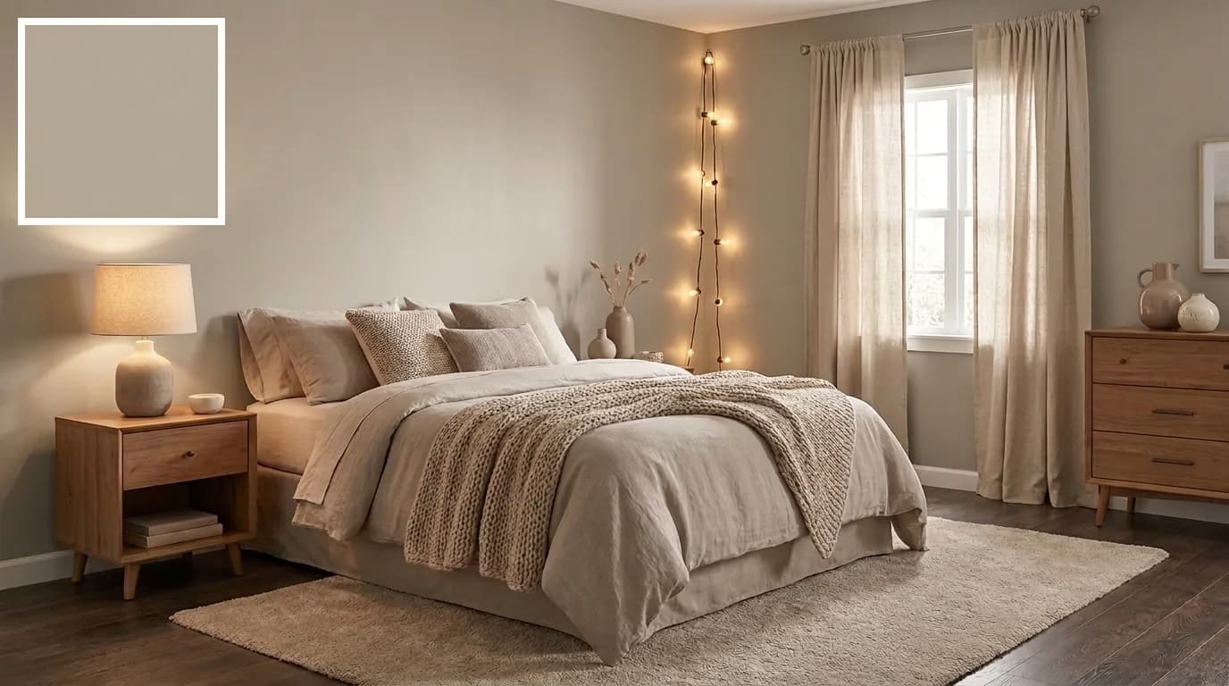 bedroom with anew gray walls warm taupe bedding and natural light streaming through windows
