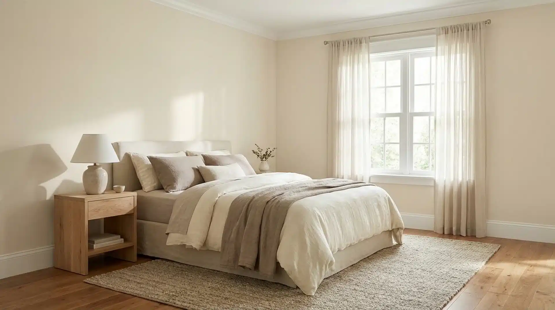 bedroom with beige walls, layered bedding, wooden nightstand, curtains, large window, and textured rug on hardwood floor