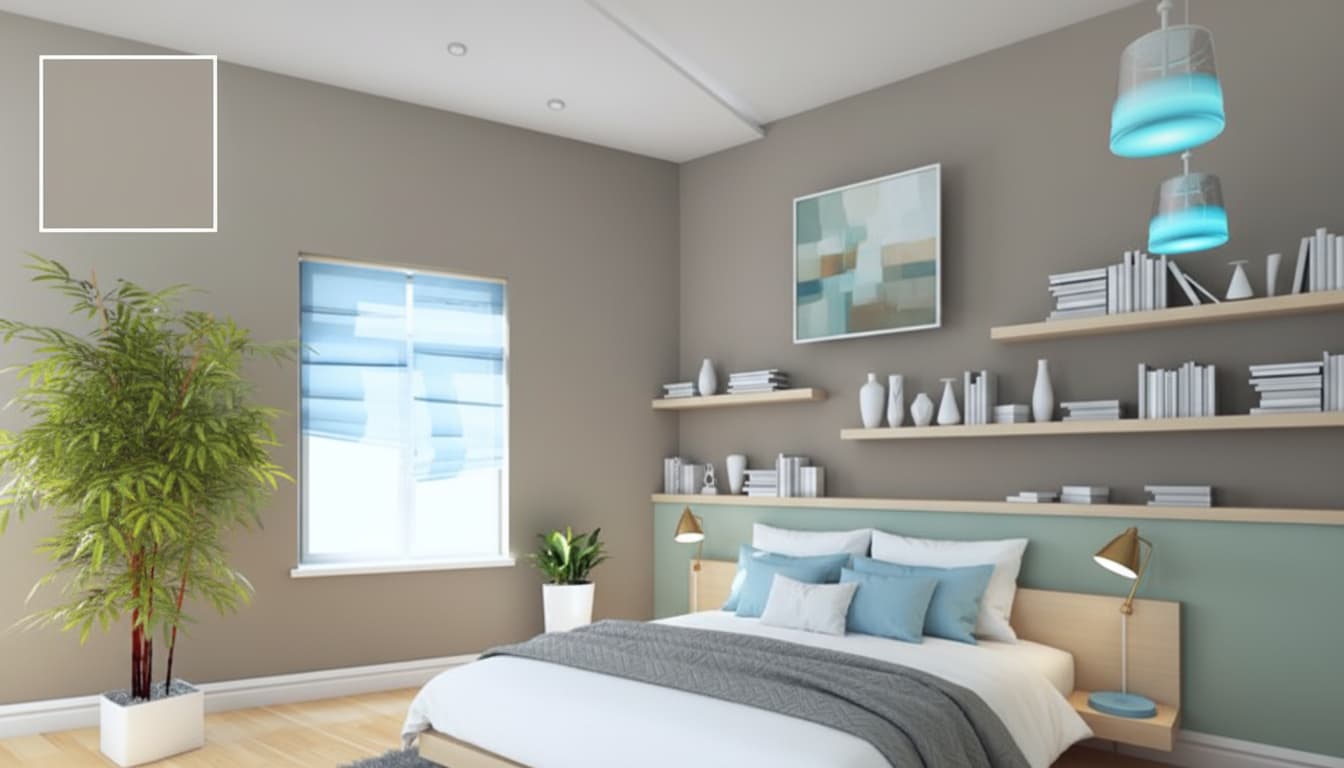 bedroom with greige walls beige tones and soft blue accents creating a calm and balanced space