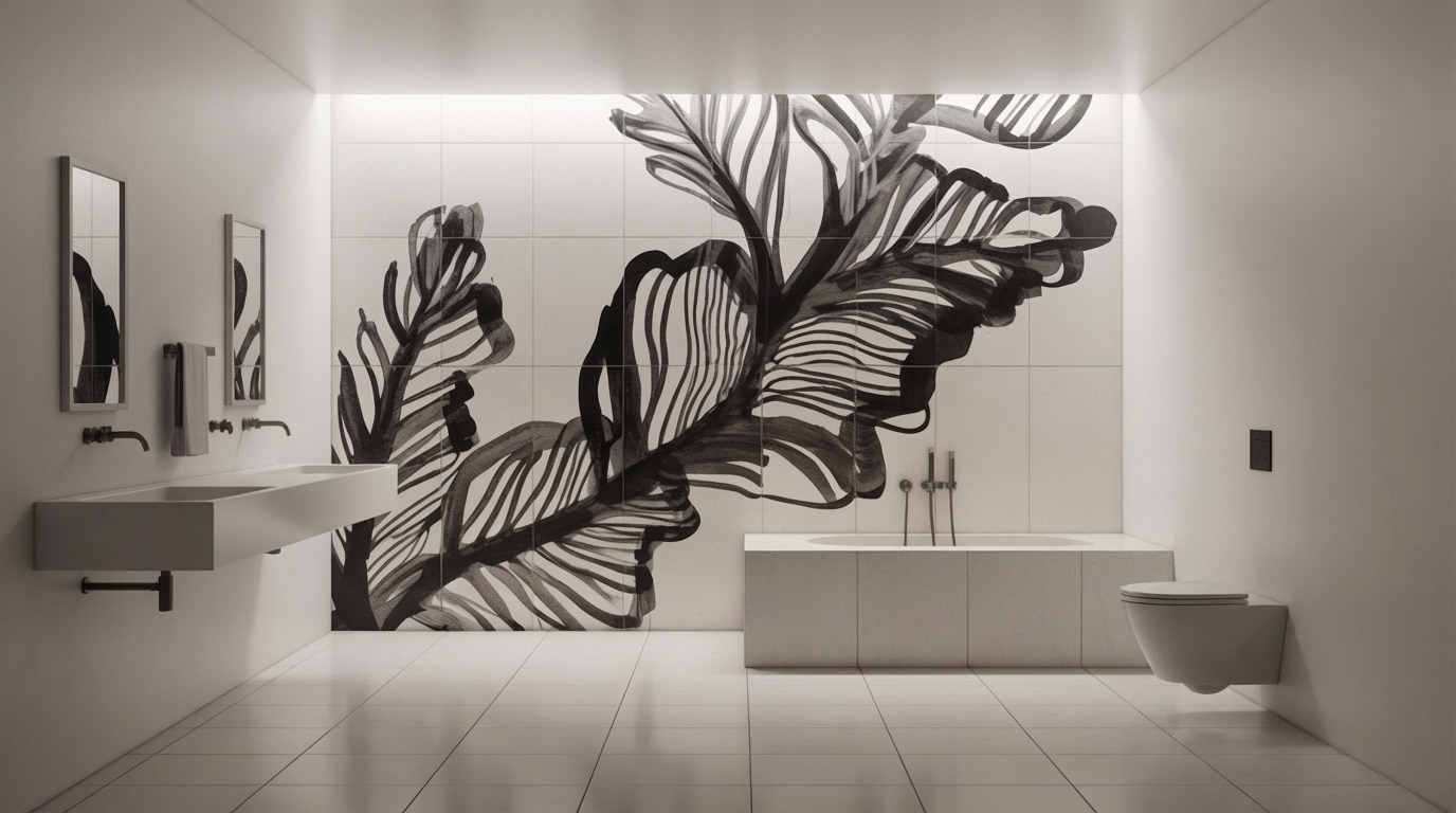 black and white botanical mural accent wall in a minimal bathroom with white fixtures and grey floor tiles