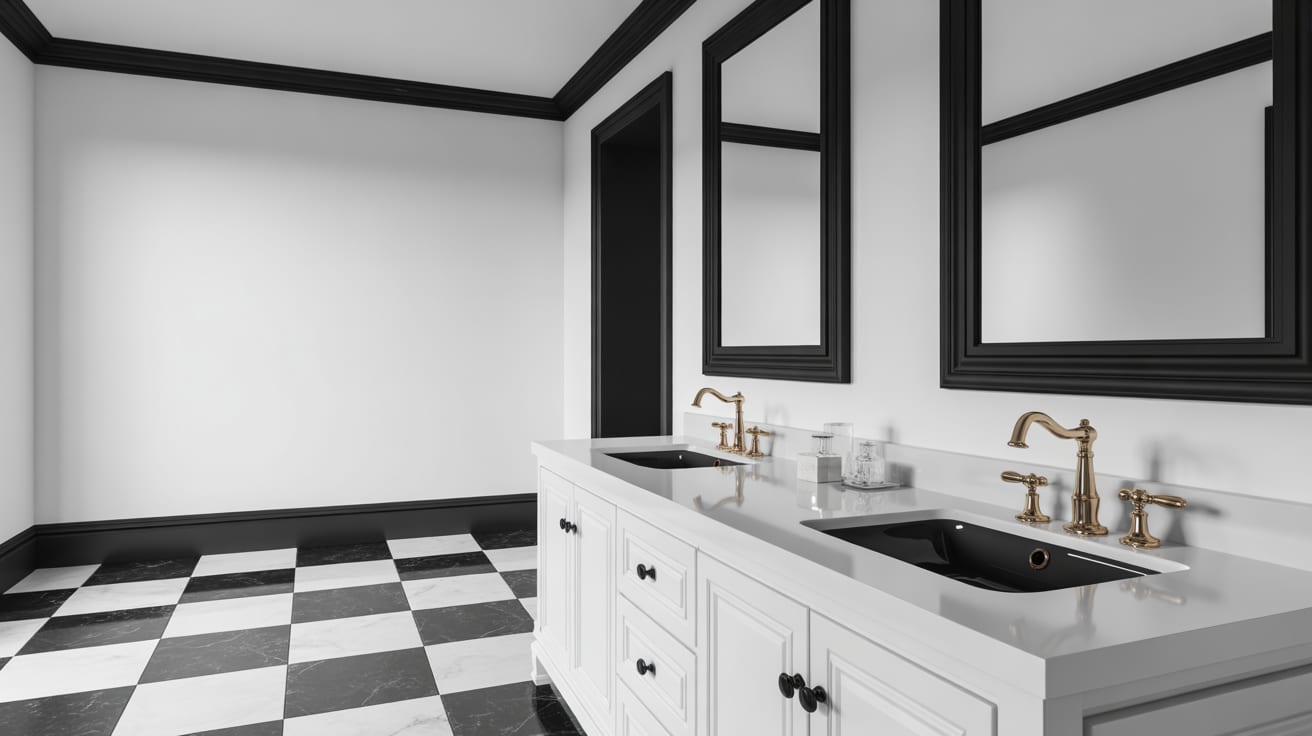 black and white checkerboard marble floor with white double vanity, black sinks, and black framed mirrors