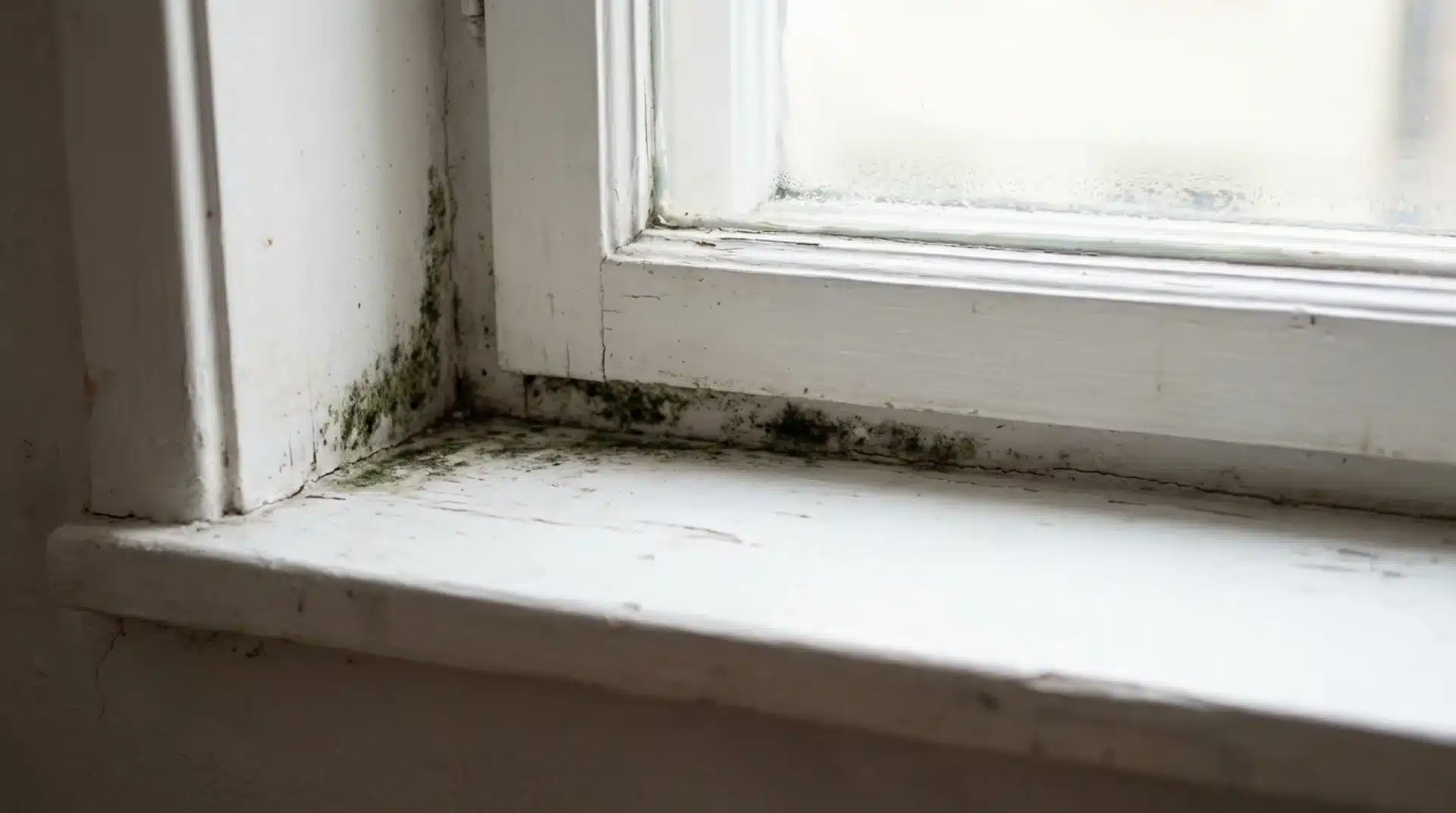 black mold growing on window sill corner near glass frame, showing moisture buildup and early signs of damage on surface
