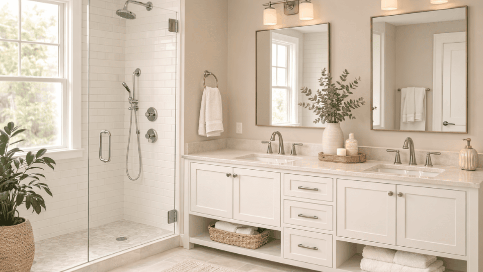 bright bathroom with November Rain painted walls white vanity, chrome fixtures, glass shower, and soft natural light from a frosted window