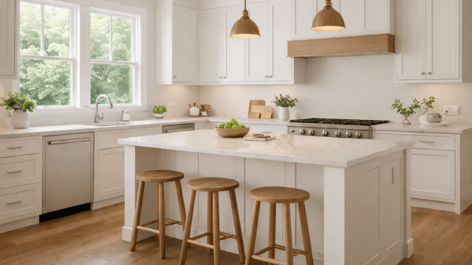 bright kitchen with November Rain walls, white cabinets, quartz island, wood stools, brass pendant lights, and large window with daylight
