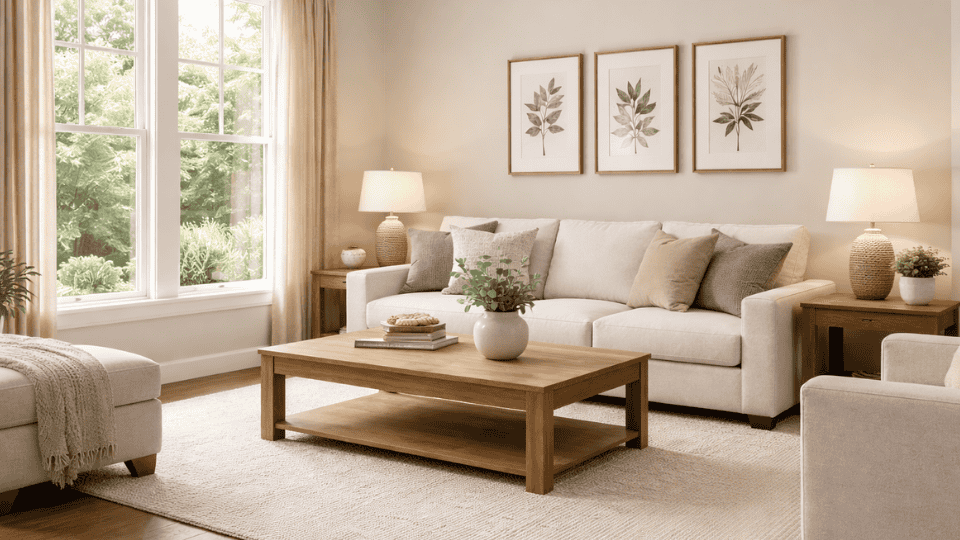bright living room with November Rain painted walls, neutral sofa, wood coffee table, textured rug, and large windows bringing in natural daylight