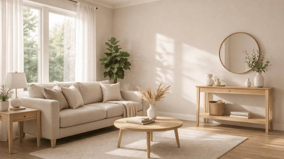 bright living room with warm greige walls, beige sofa, wood furniture, and sunlight streaming through large windows