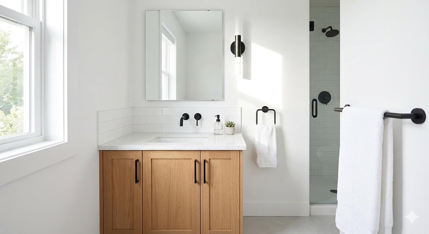 bright, modern bathroom featuring matte black fixtures and hardware contrasted against crisp white walls and a light wood vanity