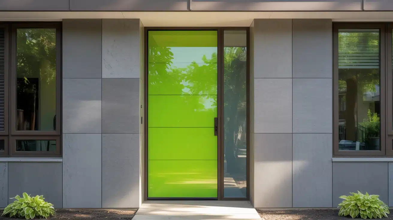 bright neon front door clashing with neutral house exterior creating harsh and unbalanced look in daylight