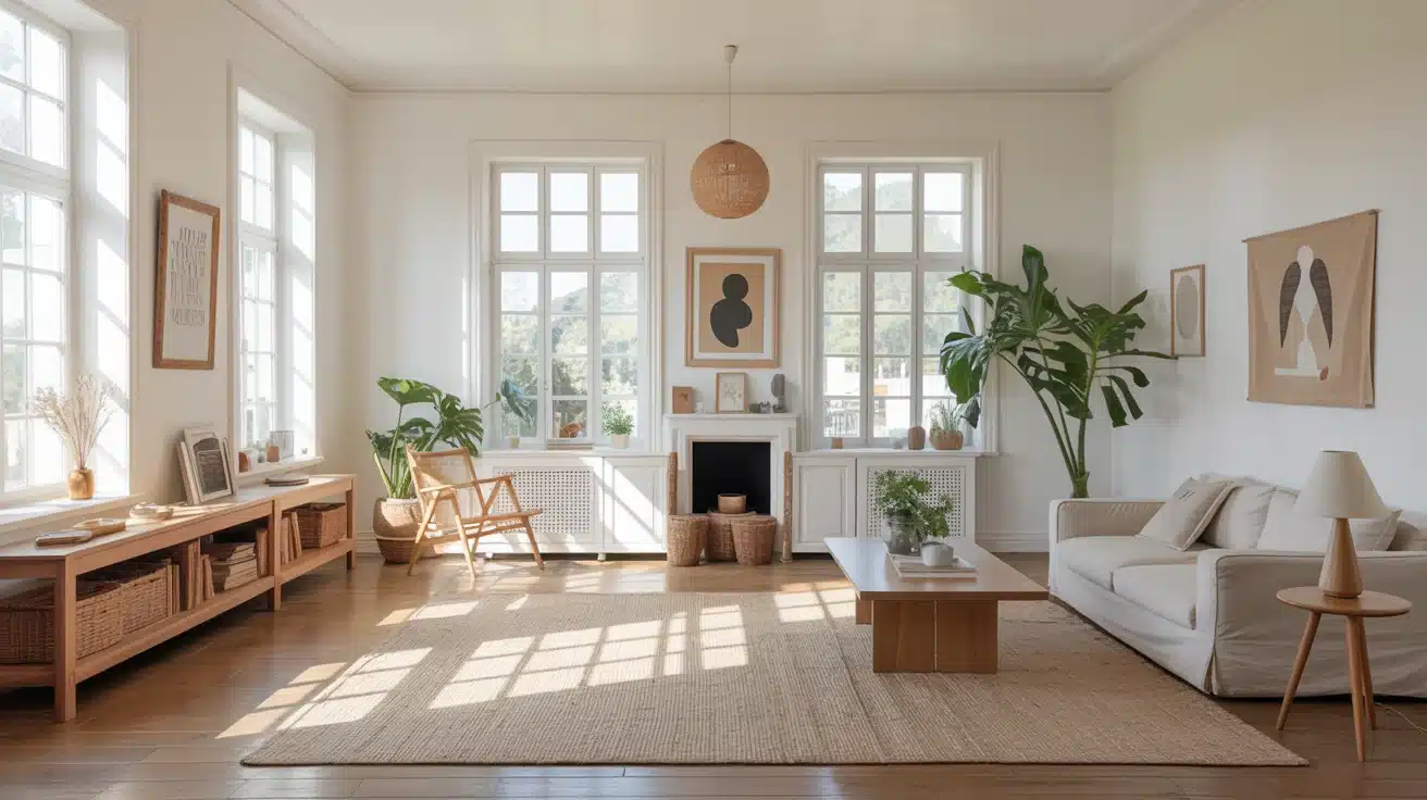 bright room with classic white walls large windows and light furniture creating open airy and clean feel