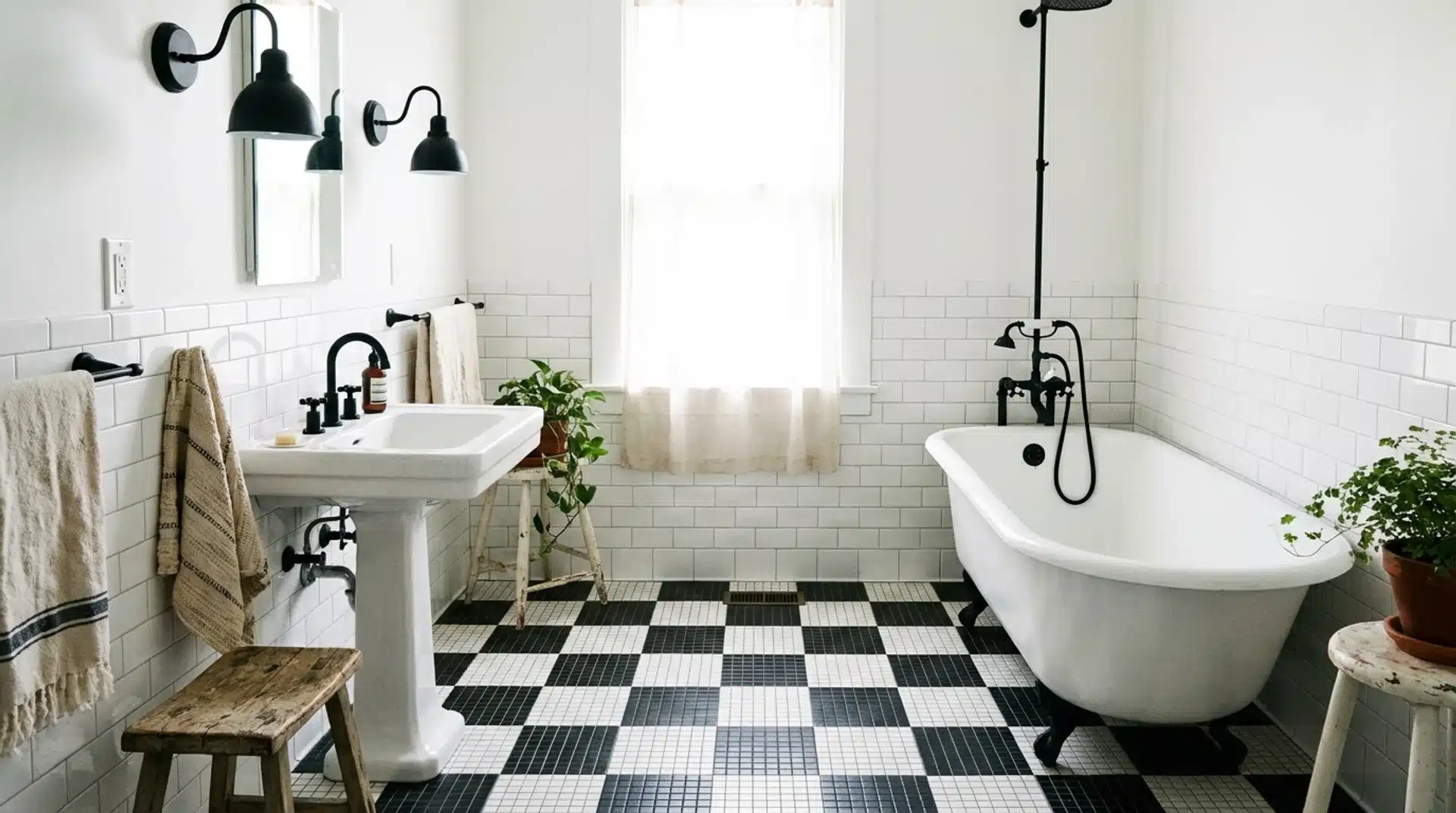 bright vintage-style bathroom featuring a classic black-and-white checkerboard tile floor made of small square tiles
