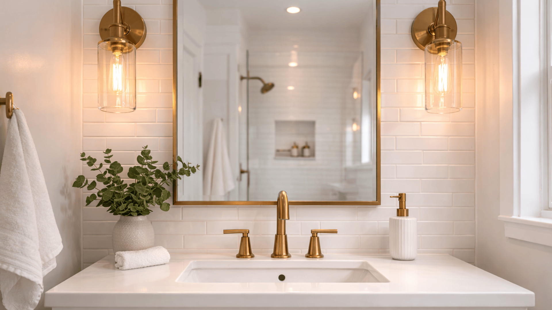 bright white bathroom vanity with brushed brass sconces and faucet beside large mirror and white tiles