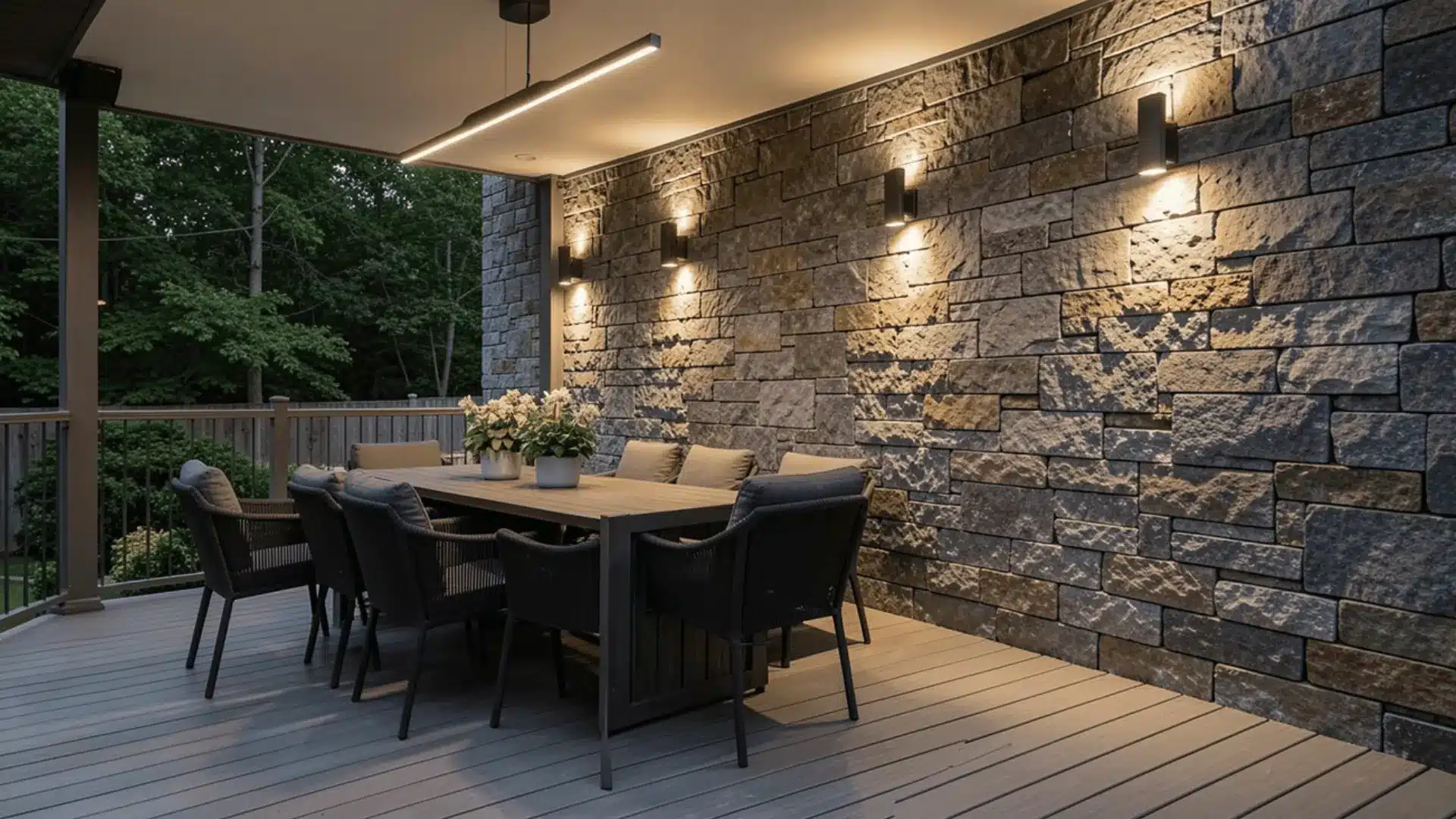 Build a dramatic stone feature wall along one side of your deck and pair it with sleek modern light