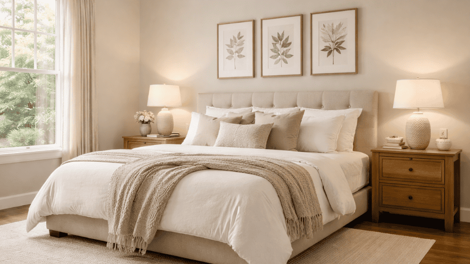 calm bedroom with November Rain walls, neutral bedding, wood nightstands, soft lamps, and warm lighting creating a cozy and restful space