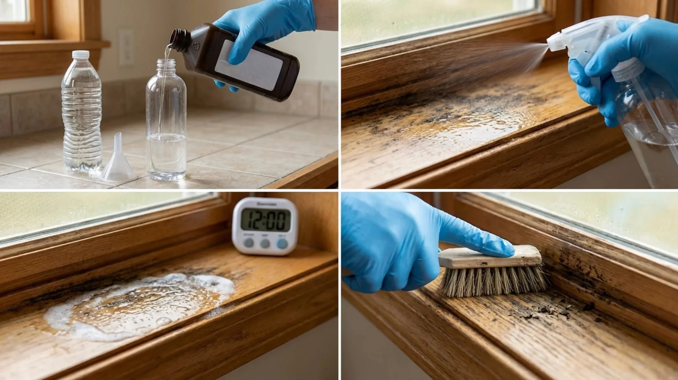 cleaning mold on wooden window sill using solution spray, waiting time, and scrubbing with brush while wearing gloves