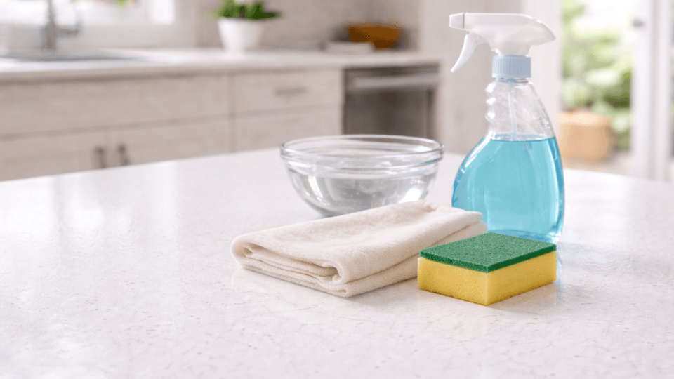 cleaning supplies on a white quartz countertop in a bright kitchen with cloth, sponge, soap spray, and bowl